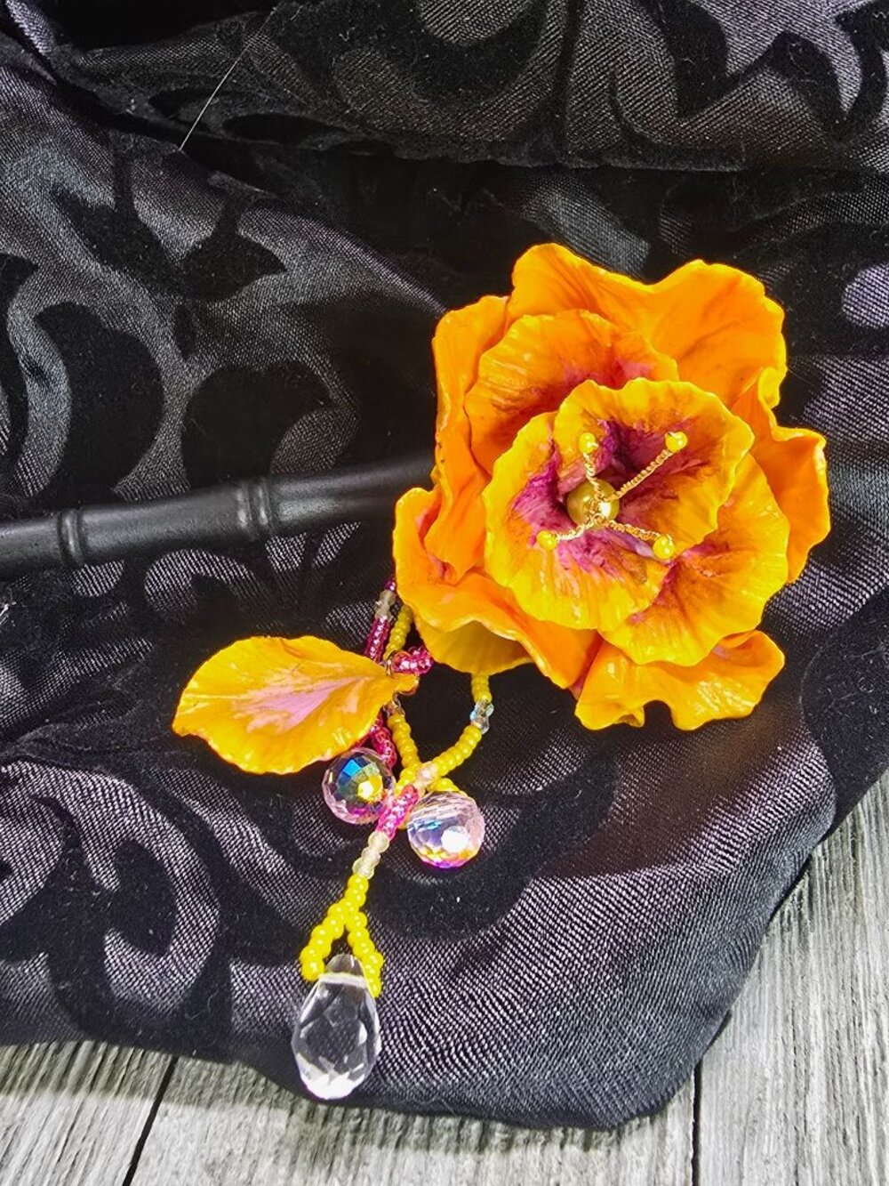 Handcrafted Glass Beaded & Polymer Clay Pink/Yellow Hibiscus Bamboo Hair stick